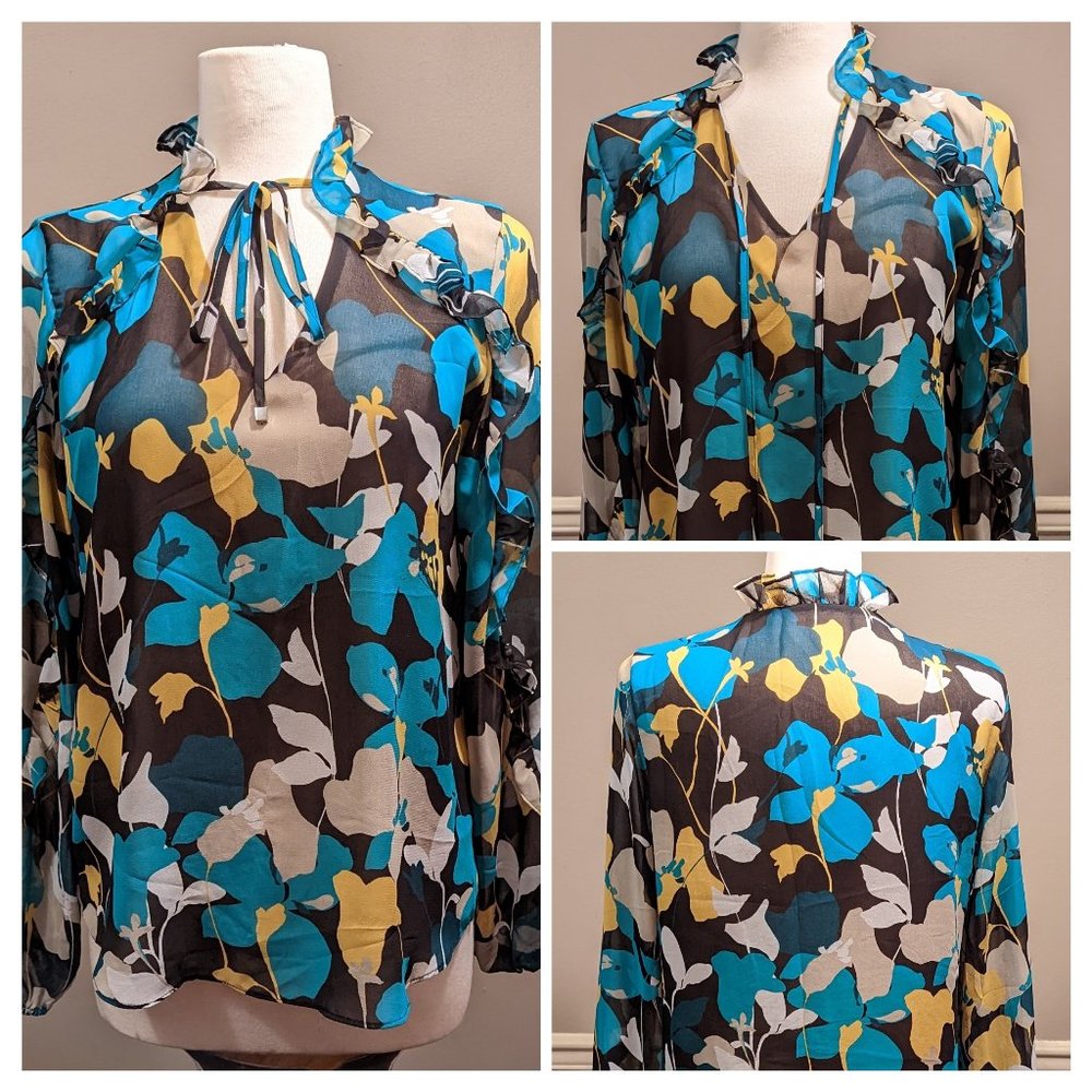 Calvin Klein Size S Blue Green Yellow Black Floral Sheer Ruffle Neck-Tie Blouse